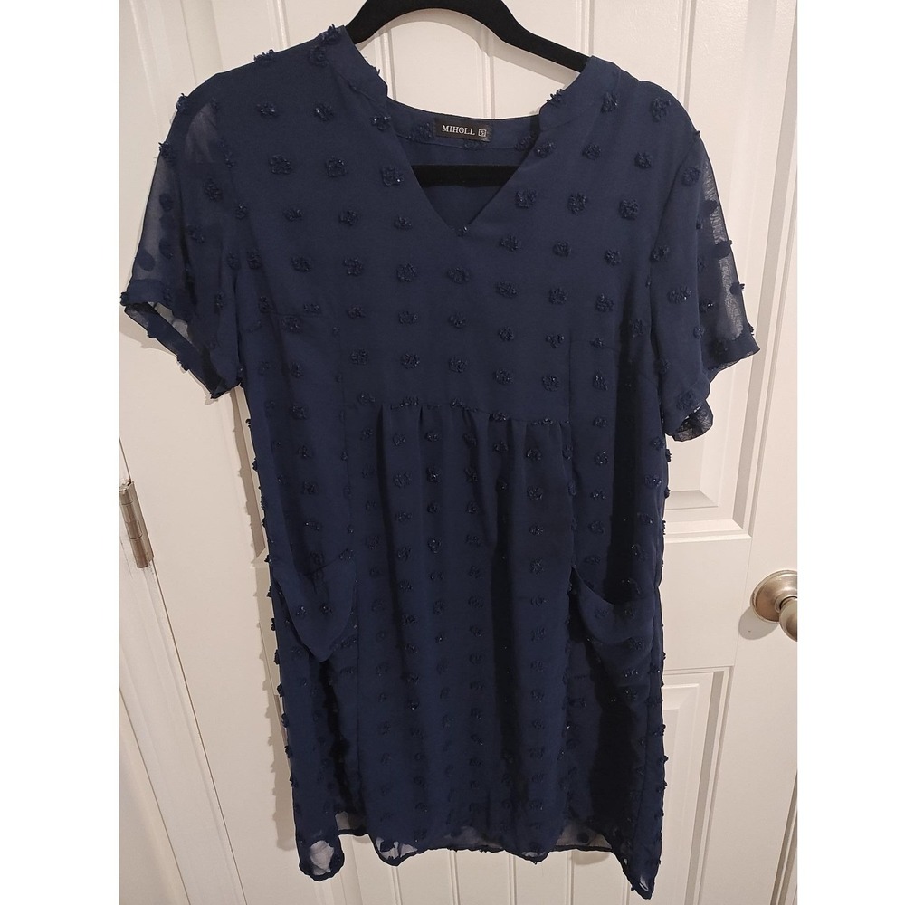 Miholl Womens Navy Blue Swiss Dot V-Neck Short Sleeve Shift Dress with Pockets S